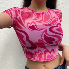 Fuchsia Heart Printed Mesh Top