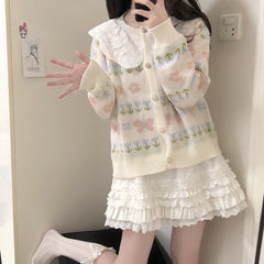 Kawaii Pullover Cardigan mit Spitzenkragen