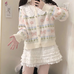 Kawaii Pullover Cardigan mit Spitzenkragen