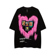 Camiseta holgada con estampado de corazón neón kawaii