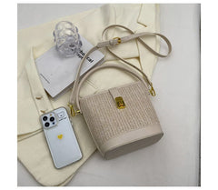 Woven Top Handle Buckled Bucket Bag