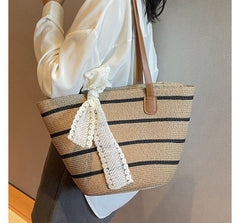 Striped Straw Tote Bag + Lace Strap