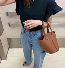 Leather Bucket Plain Bag Faux