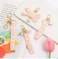 Heart Strap Faux Pearl Bag Charm Keyring