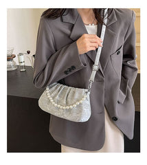 Ruched Faux Pearl Shoulder Bag