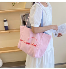 Lettering Print Canvas Tote Bag