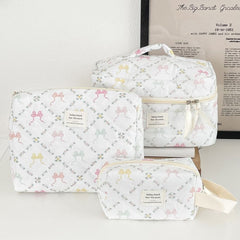 Lettering Applique Bow Fabric Makeup Bag / Clutch