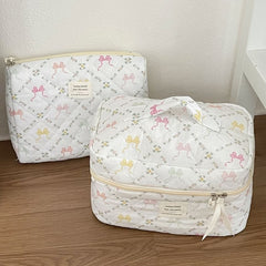 Lettering Applique Bow Fabric Makeup Bag / Clutch