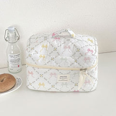 Lettering Applique Bow Fabric Makeup Bag / Clutch