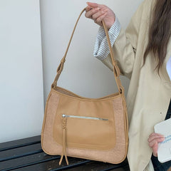 Bag Faux Panel Leather Shoulder Zip