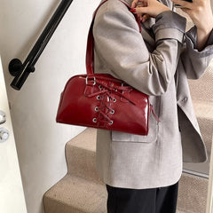 Shoulder Faux Lace-Up Bag Leather