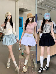 Belt Skirt Mini High Waist Paperbag Plain +