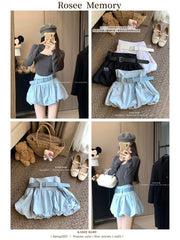 Belt Skirt Mini High Waist Paperbag Plain +