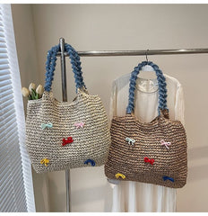Tassel Strap Woven Tote Bag Bow