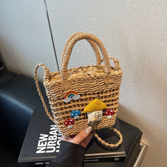 Top Applique Mushroom Straw Crossbody Bag Handle