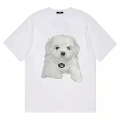 Camiseta blanca extragrande con estampado de cachorro maltés