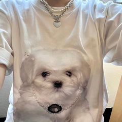 Camiseta blanca extragrande con estampado de cachorro maltés
