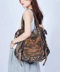 Coffee Large Capacity Cowhide Spliced Canvas Satchel Bags