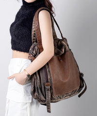 Coffee Large Capacity Cowhide Spliced Canvas Satchel Bags