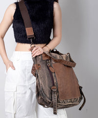 Coffee Large Capacity Cowhide Spliced Canvas Satchel Bags