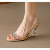 Clear PVC Peep Toe Triangle Crystal Wedge Sandals