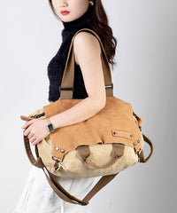 Versatile Large Capacity Calf Leather Patchwork Canvas Satchel Bags