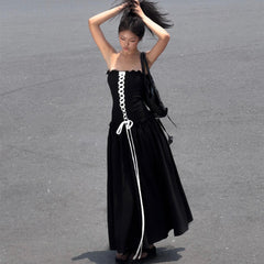 Black stretch strapless maxi A-line midi casual long dress