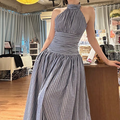Personalized Backless Waist Loose Striped Dress