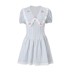 Sweet Ruffled Lapel Striped Printed Cinched-Waist Dress