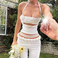3D Flower Hollow Slim Halter Vest