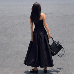 Black stretch strapless maxi A-line midi casual long dress