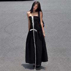 Black stretch strapless maxi A-line midi casual long dress