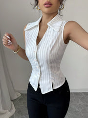 Summer Temperament Striped Sleeveless Slim Shirt Cardigan