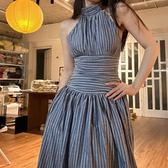 Personalized Backless Waist Loose Striped Dress