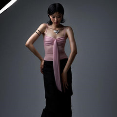 One-Shoulder Slim Fit Pleated See-Through Mesh Camisole Top