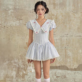 Sweet Ruffled Lapel Striped Printed Cinched-Waist Dress