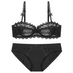 Ultra Thin Translucent Half Cup Lace Bra Sexy Push Up Bralette Set