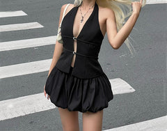 Hollow halter neck vest flower bud skirt suit