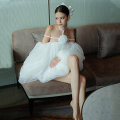 Puff Sleeve Off-Shoulder Plain Mesh Mini Dress