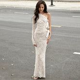 Lace Bow Hollow One Shoulder Slant Neck Dress