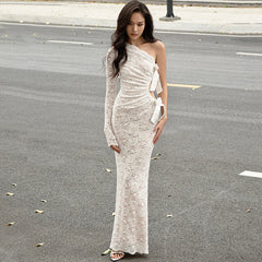 Lace Bow Hollow One Shoulder Slant Neck Dress
