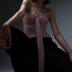 One-Shoulder Slim Fit Pleated See-Through Mesh Camisole Top