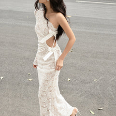 Lace Bow Hollow One Shoulder Slant Neck Dress