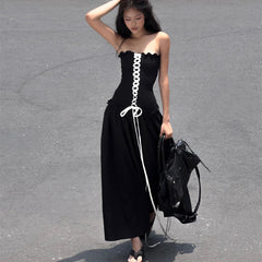 Black stretch strapless maxi A-line midi casual long dress