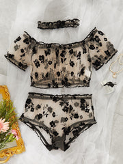 3-teiliges Dessous-Set mit kokettem Nachthemd und floralem Netzstoff