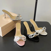 Pearl Rhinestone Cool Slippers Women French Style Elegant Temperament Open Toe Thin High Heel