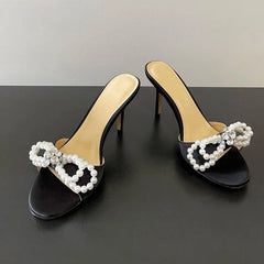 Pearl Rhinestone Cool Slippers Women French Style Elegant Temperament Open Toe Thin High Heel
