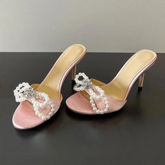 Pearl Rhinestone Cool Slippers Women French Style Elegant Temperament Open Toe Thin High Heel