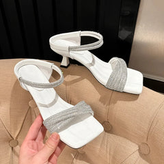 Perfect Beautiful Rhinestone Slipper Square Head One Word Belt Step Feeling Cool Slippers Wear Thin Heeled Heels