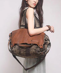 Retro Coffee Large Capacity Calf Leather Patchwork Canvas Satchel Bags